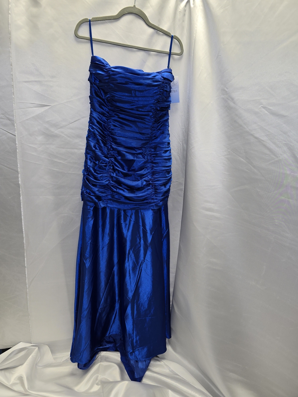 Sapphire Blue Strapless Ruched Satin Evening Gown
